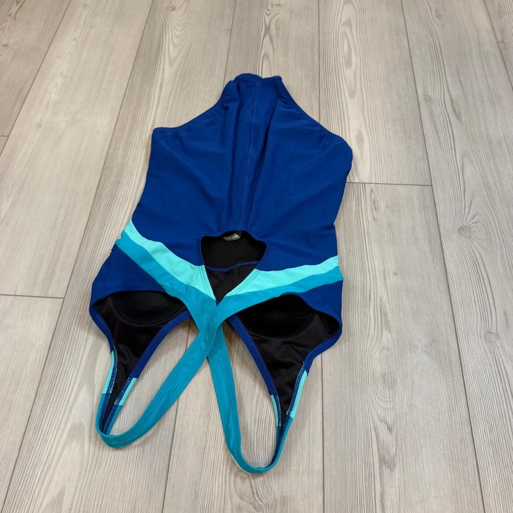 Lands End Blue Turquoise Colorblock One Piece Swimsuit Cross Back Size 10